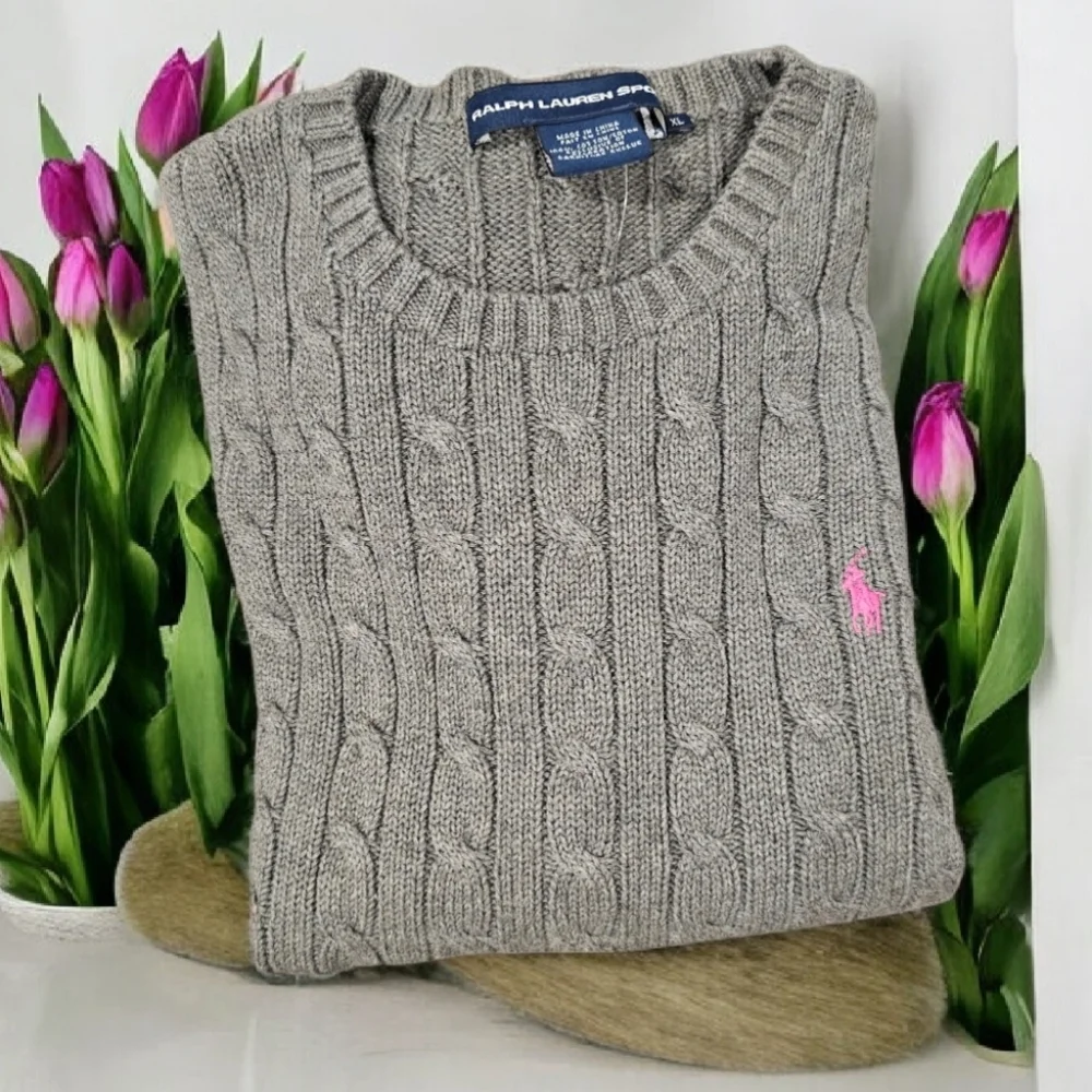 NWT Ralph Lauren Sport Women's Gray Cable Knit Pullover with Pink Logo Size-XL - Picture 1 of 12